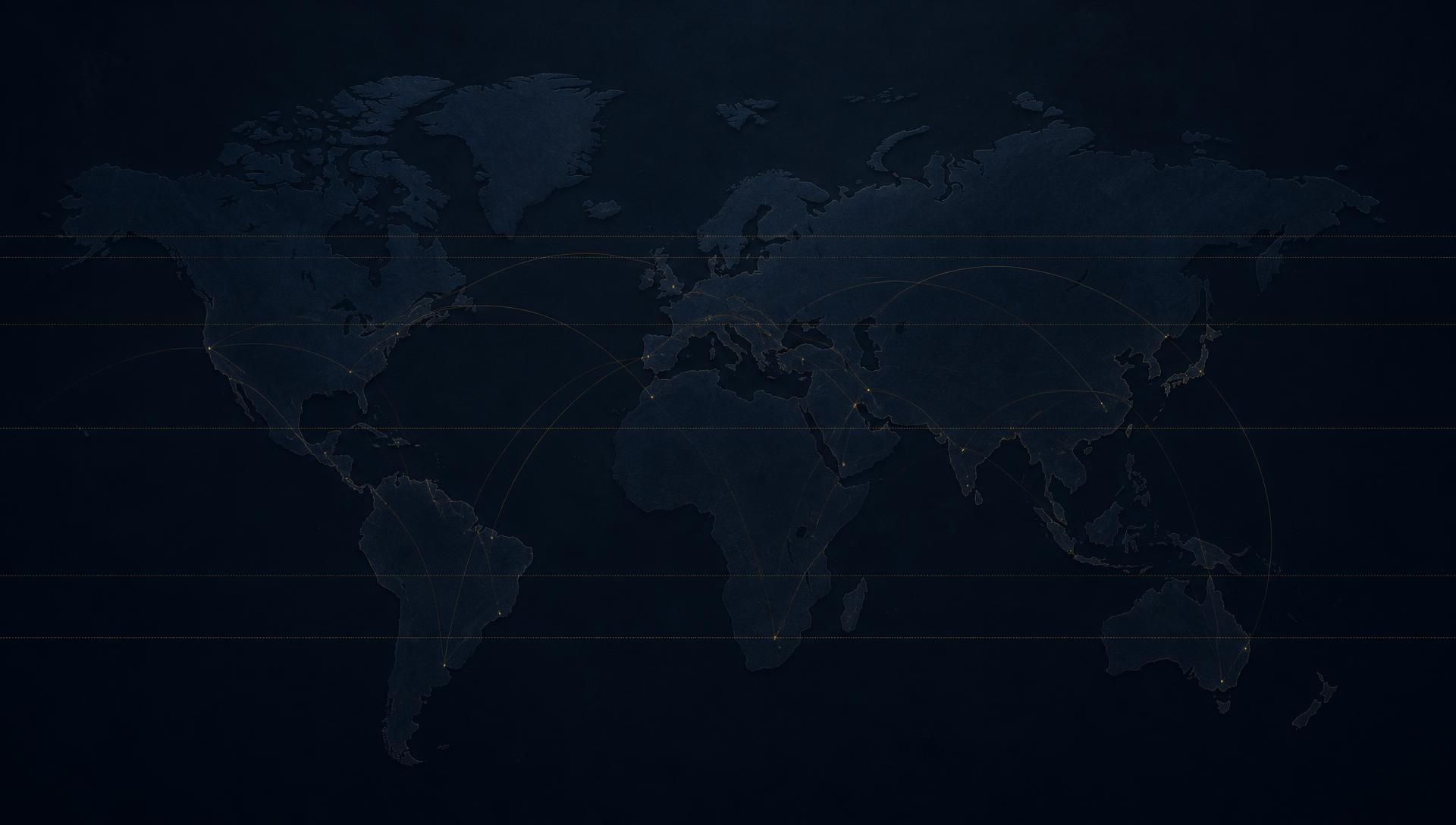 Stylised world map with faint routes linking continents