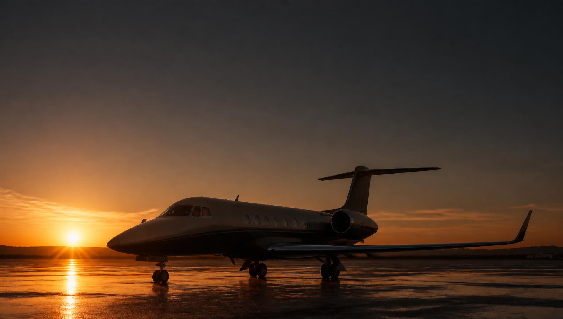 Business jet on a quiet runway apron at sunset